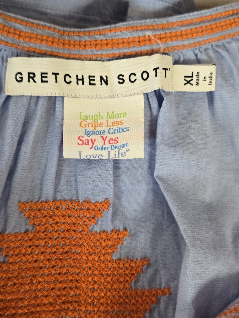 Gretchen Scott Montezuma Tunic Light Blue Orange Embroidered Cotton Boho Top XL - Picture 9 of 14